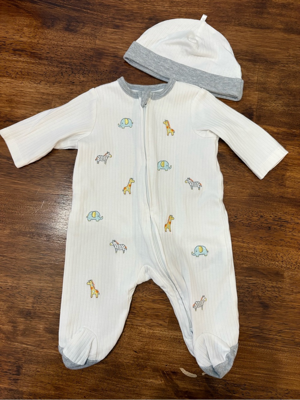 Little Me White Ribbed Footed One-Piece with Gray Trim and Animal Prints